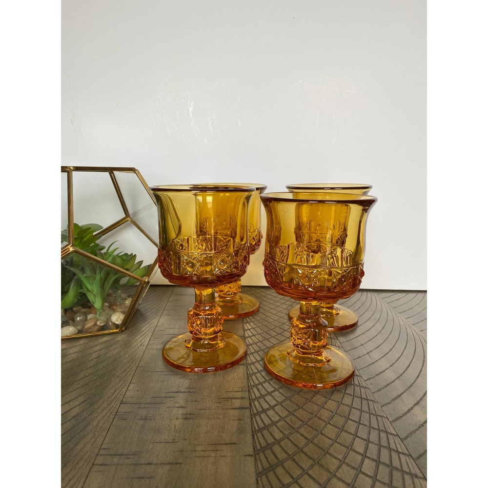 Vintage Amber Sunburst Starburst Glass Goblets